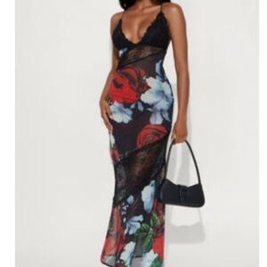 Fashion Nova Black and Red Floral Maxi Dress